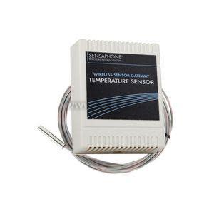 Rectangular off-white temperature sensor with a coil of thin cable and probe attached, front panel labelled 'temperature sensor'