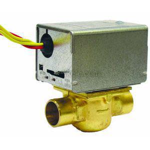 Brass zone valve with grey rectangular actuator and lever