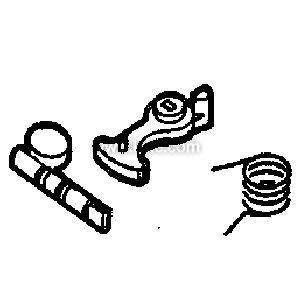 Simple black‑and‑white drawing of three small mechanical components: a circular cap, a curved lever, and a helical spring.