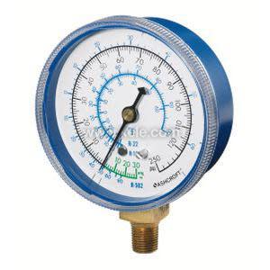 Round dial pressure gauge featuring a blue outer rim and white face with multiple scale markings, mounted on a brass threaded base.