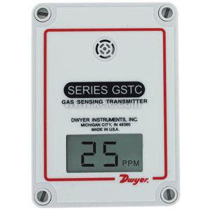 Rectangular gas sensor with round sounder at top and digital screen showing the number 25