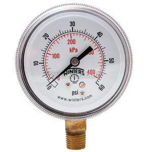 Circular pressure gauge with dual psi and kPa scales and bottom brass fitting.