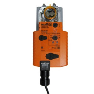Orange rectangular actuator with clamp bracket for connecting to damper shaft