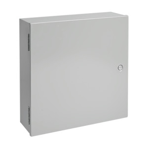 Plain grey metal enclosure with hinged door and lock on right side.