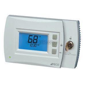 White programmable thermostat with blue LCD displaying 68 degrees and a key cylinder on the side