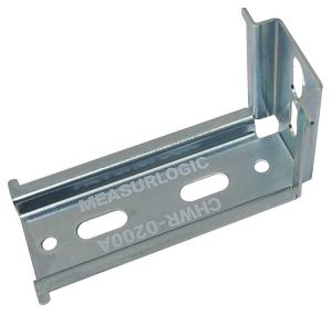 L‑shaped shiny metal bracket with elongated slots and holes, stamped with MEASURELOGIC CHWR‑0200A