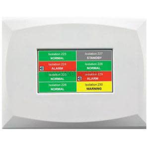 White wall-mounted monitor with backlit LCD screen showing room pressure status and colored indicators