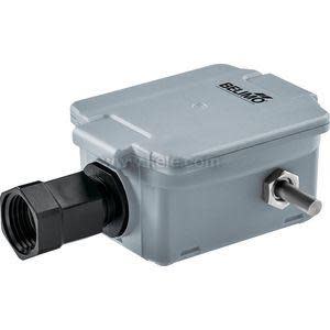 Rectangular gray Belimo-branded sensor enclosure with a black cable gland on one end and a short metal tube on the side