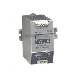 Image of a grey rectangular industrial power supply labeled 'Sola SDN 4‑24‑100P', featuring screw terminal connectors and mounted on a DIN rail.