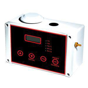 White rectangular device with a digital screen, indicator lights and vent slots