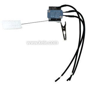 Small float switch assembly with white foam float on a wire, blue microswitch and black wires with clip.