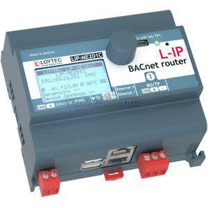 Grey network router module with small display, rotary knob and wiring terminals