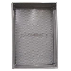 A vertically oriented protective housing with translucent grey sides and a perforated metal backing; designed for ventilated protection of larger devices, set against a plain white background