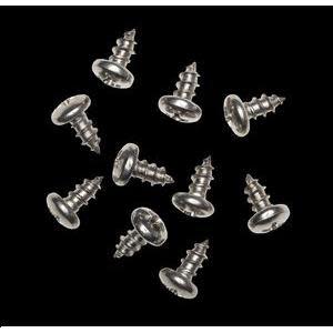 Ten small shiny screws with wide heads and tapered threaded bodies.
