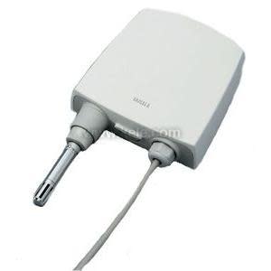 White rectangular transmitter with ventilated metal probe and attached cable for humidity monitoring