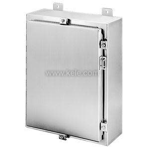 Brushed stainless steel electrical box with a front-hinged door, side clamps, and two mounting brackets at the top.