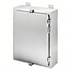 Brushed stainless steel rectangular box with hinged door, hasp and bottom catch, and mounting brackets at top