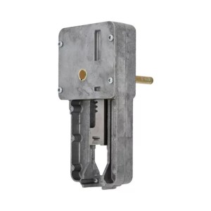 Silver-gray metal linkage assembly with rectangular housing and protruding round rod.