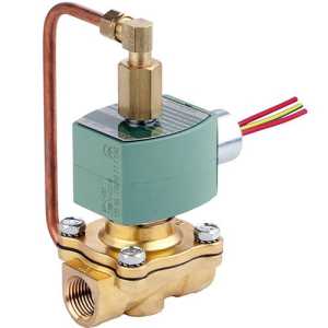 angled view of a brass solenoid valve with green actuator and a copper tube attached to the top via a brass fitting; colored wires extend from the side