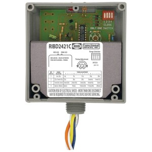Open grey delay relay box labeled RIBD2421C, showing a green circuit board with DIP switches and colored wires exiting the bottom