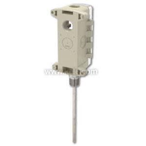 A beige rectangular mounting box with holes for wiring and a long slender stainless steel probe threaded into the bottom