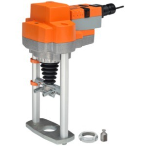 Tall orange actuator mounted on a pair of vertical metal rods with a black bellows and extra adapter parts