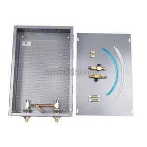 Rectangular grey metal enclosure with perforated back; separate cover showing brass valve assembly and blue and clear tubing.