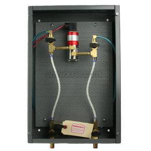 Grey metal box containing a red pressure sensor, brass valves, and clear tubing connectors