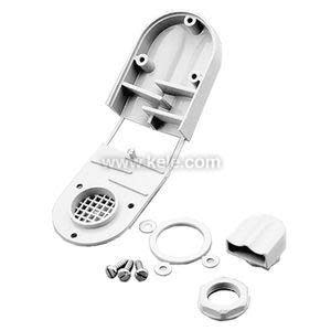 Vent housing kit in white plastic with a grid opening, hardware and a sealing ring.