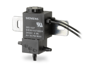 Black rectangular solenoid valve with a label and a metal bracket
