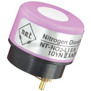 Small round sensor with a pink cap on top and metal contacts at the bottom, labelled for nitrogen dioxide detection.