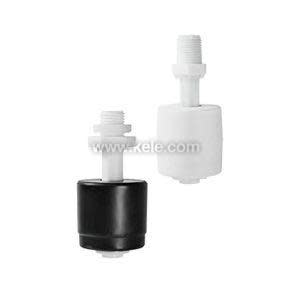 Two cylindrical float switches, one with black float and one white, each with a threaded stem.