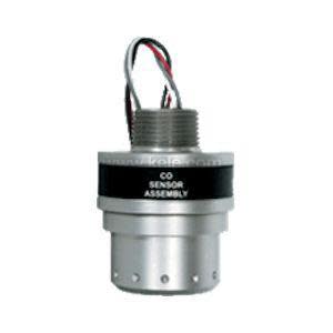 Cylindrical CO sensor module with threaded top and wires.