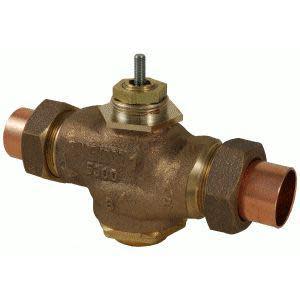 Brown metal valve featuring copper pipe connections at both ends and a short threaded stem rising from the top