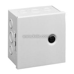 Grey metal junction box with door and slotted latch.