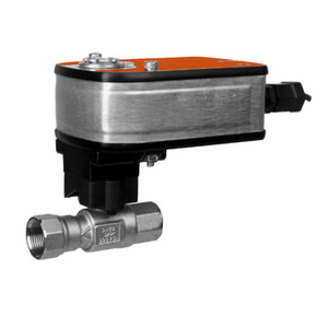 Compact valve with an orange rectangular actuator on top of a metal valve with threaded ends.