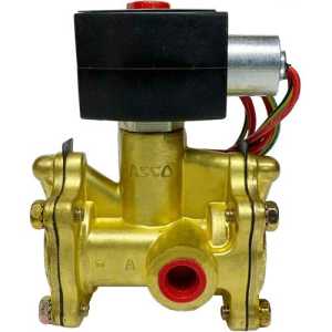 A golden brass solenoid valve with a central threaded port and a blocky black actuator coil on top with a red button and multi‑colored wires.