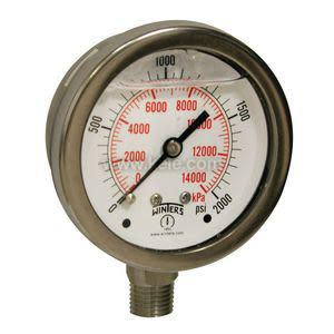 Close-up of a round pressure gauge with a metal case and white face, numbers in red and black, and a needle indicating the pressure measurement.