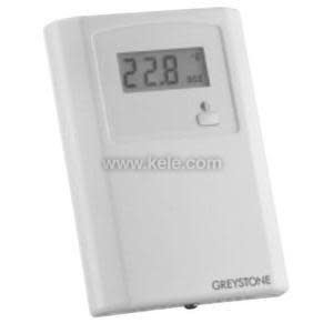 White wall-mounted sensor with a tiny digital display near the top and two grey arrow buttons below.