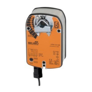 Orange rectangular damper actuator with a metallic clamp at the top and a black electrical cord at the bottom.