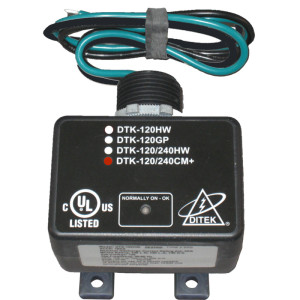 Black rectangular surge protection device labelled with model codes, featuring a single LED, mounting flanges and attached green and black wires