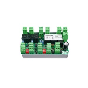 Relay board featuring four relays, red switches and green connector strips