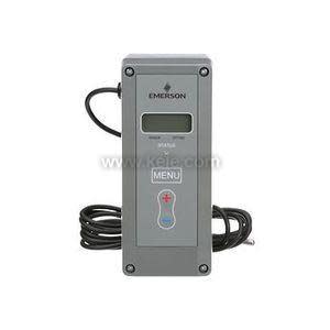 A slender gray rectangular module equipped with a tiny digital display near the top, a single vertical 'Menu' button with plus and minus icons, and an attached length of coiled cable.