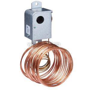 Compact gray thermostat enclosure with a mounting tab, attached to a long coil of copper tubing.