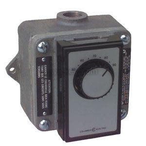 Industrial thermostat with heavy-duty cast metal body and temperature dial on side