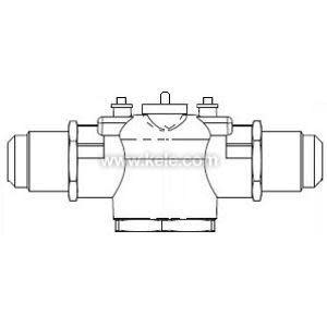 Simple line drawing of a valve with cylindrical ends and a central widening, bolts on top