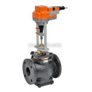 Flanged grey valve body with orange rectangular actuator
