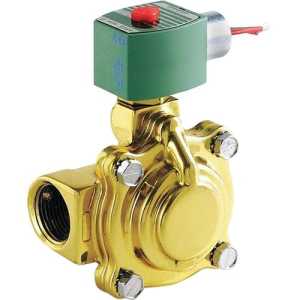 Small brass valve with a circular body secured by four bolts and a green solenoid coil with a red top and two wires, isolated on white.