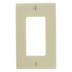 A pale beige rectangular switch plate with a rectangular central opening and two silver slotted screws at the top and bottom.
