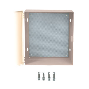 Square brown frame with hinged door housing a grey perforated metal panel; includes four screws